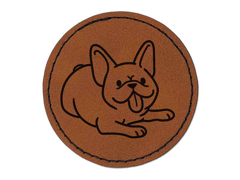 Frenchie Laying Down French Bulldog Dog Round Iron-On Engraved Faux Leather Patch Applique - 2.5"