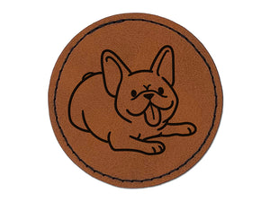 Frenchie Laying Down French Bulldog Dog Round Iron-On Engraved Faux Leather Patch Applique - 2.5"