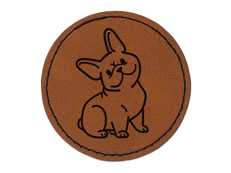 Frenchie Sitting Tilting Head French Bulldog Dog Round Iron-On Engraved Faux Leather Patch Applique - 2.5"