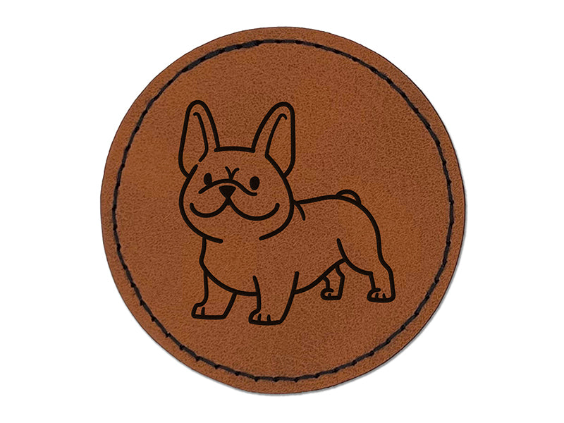 Frenchie Standing French Bulldog Dog Round Iron-On Engraved Faux Leather Patch Applique - 2.5"