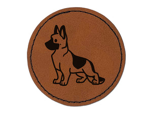 German Shepherd Standing Dog Round Iron-On Engraved Faux Leather Patch Applique - 2.5"