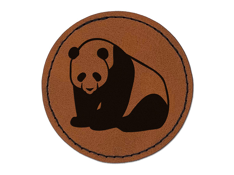 Cute Giant Panda Bear Sitting Round Iron-On Engraved Faux Leather Patch Applique - 2.5"