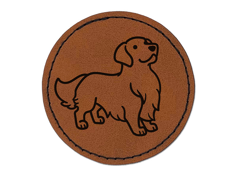 Golden Retriever Standing Dog Round Iron-On Engraved Faux Leather Patch Applique - 2.5"