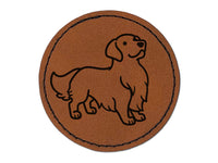 Golden Retriever Standing Dog Round Iron-On Engraved Faux Leather Patch Applique - 2.5"