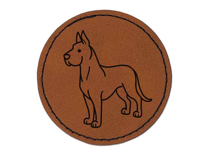 Great Dane Standing Dog Round Iron-On Engraved Faux Leather Patch Applique - 2.5"