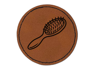 Hair Brush Round Iron-On Engraved Faux Leather Patch Applique - 2.5"