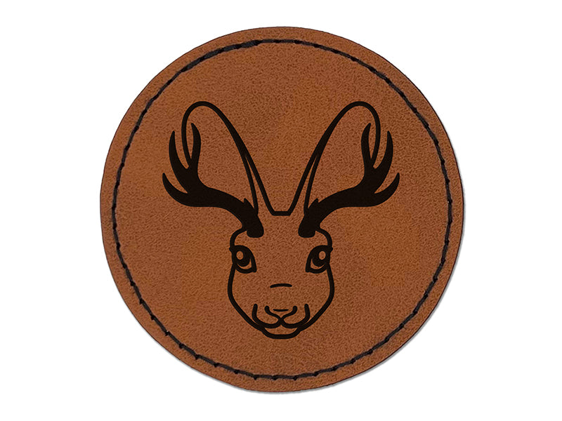 Jackalope Head Mythical Animal Jackrabbit Antelope Round Iron-On Engraved Faux Leather Patch Applique - 2.5"