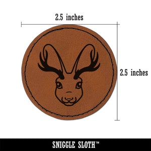 Jackalope Head Mythical Animal Jackrabbit Antelope Round Iron-On Engraved Faux Leather Patch Applique - 2.5"