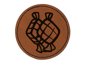 Ketupat Woven Rice Cakes Indonesia Food Round Iron-On Engraved Faux Leather Patch Applique - 2.5"