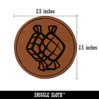 Ketupat Woven Rice Cakes Indonesia Food Round Iron-On Engraved Faux Leather Patch Applique - 2.5"