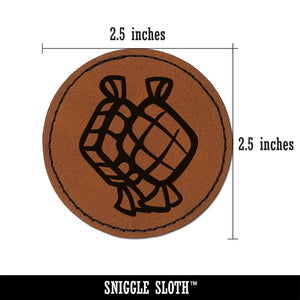 Ketupat Woven Rice Cakes Indonesia Food Round Iron-On Engraved Faux Leather Patch Applique - 2.5"