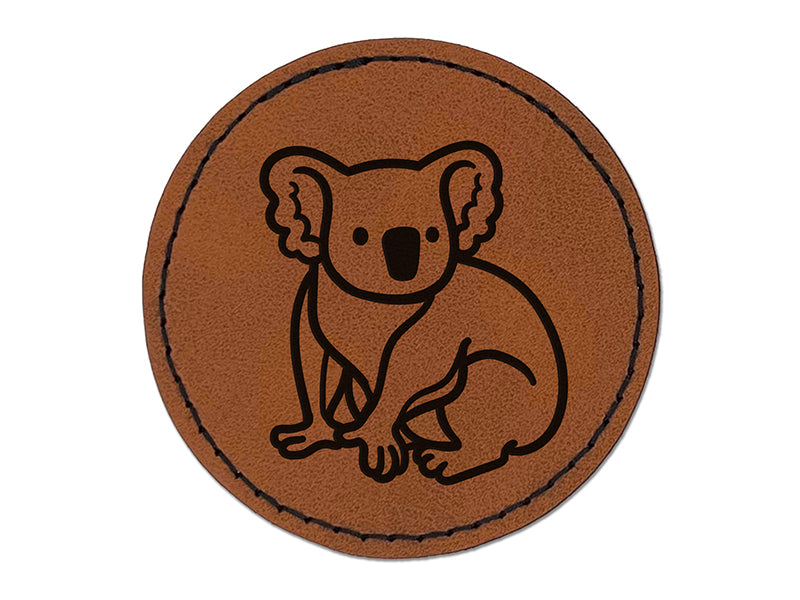 Koala Bear Sitting Round Iron-On Engraved Faux Leather Patch Applique - 2.5"