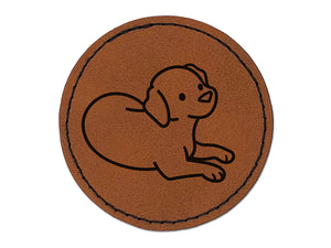 Labrador Retriever Laying Down Dog Round Iron-On Engraved Faux Leather Patch Applique - 2.5"