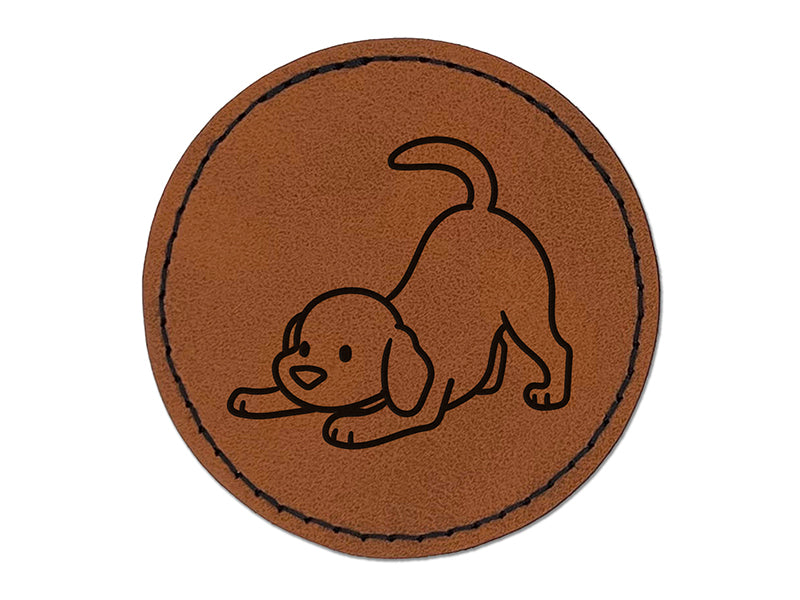 Labrador Retriever Play Bow Dog Round Iron-On Engraved Faux Leather Patch Applique - 2.5"