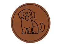 Labrador Retriever Sitting with Tongue Out Dog Round Iron-On Engraved Faux Leather Patch Applique - 2.5"