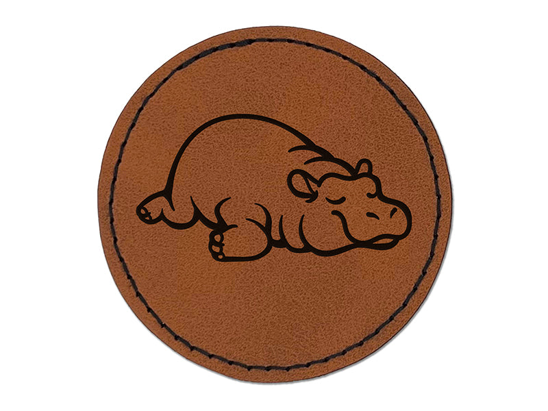 Lazy Hippo Hippopotamus Cute Round Iron-On Engraved Faux Leather Patch Applique - 2.5"