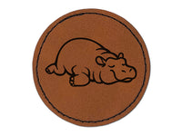 Lazy Hippo Hippopotamus Cute Round Iron-On Engraved Faux Leather Patch Applique - 2.5"