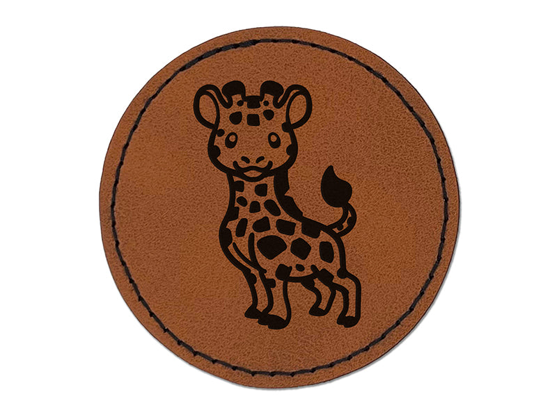 Lovable Giraffe African Zoo Animal Round Iron-On Engraved Faux Leather Patch Applique - 2.5"