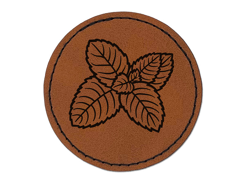 Mint Herb Plant Round Iron-On Engraved Faux Leather Patch Applique - 2.5"