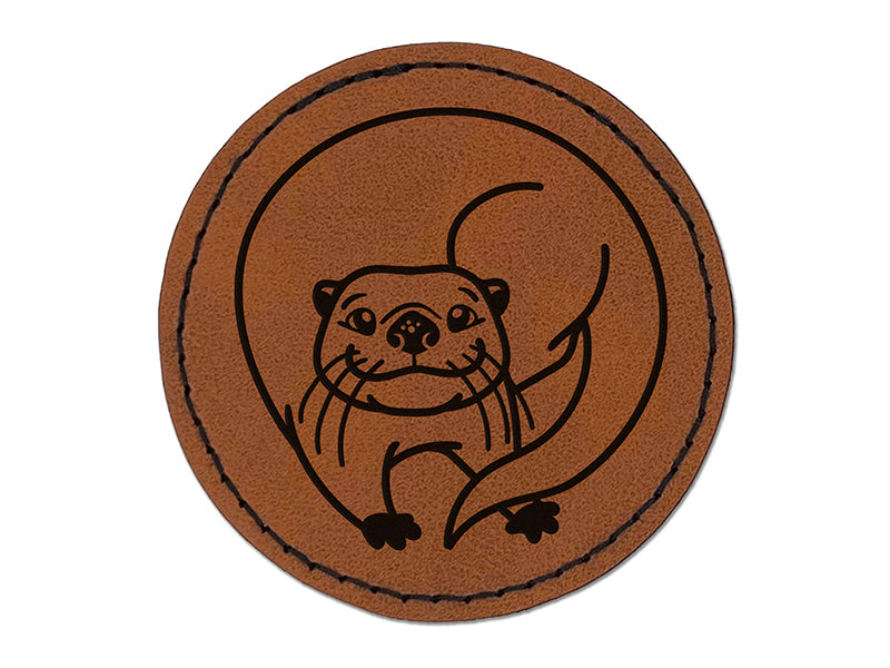 Mischievous River Otter Round Iron-On Engraved Faux Leather Patch Applique - 2.5"