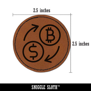 Money Exchange Bitcoin to USD Dollar Round Iron-On Engraved Faux Leather Patch Applique - 2.5"