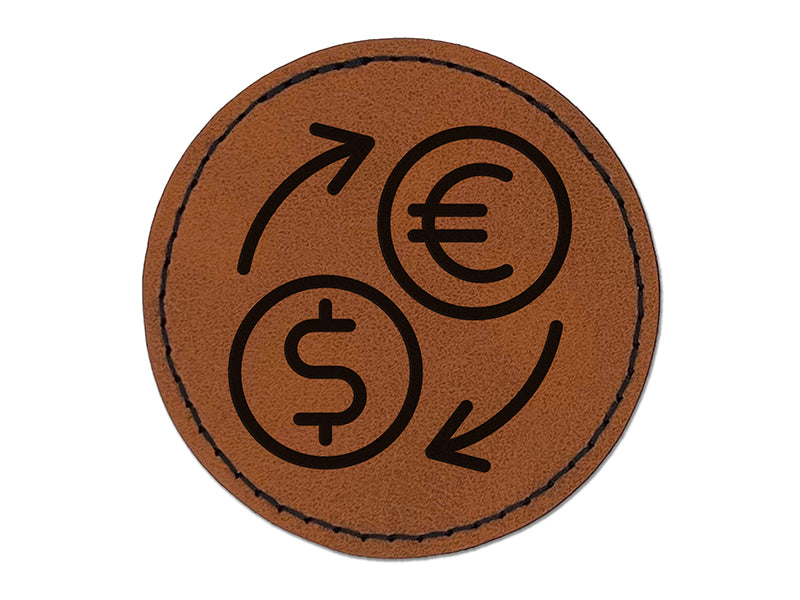 Money Exchange Euro to USD Dollar Round Iron-On Engraved Faux Leather Patch Applique - 2.5"