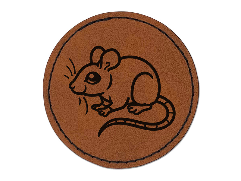Mouse Rodent Round Iron-On Engraved Faux Leather Patch Applique - 2.5"