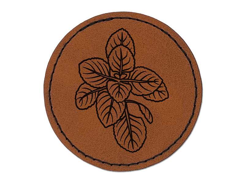 Oregano Herb Plant Round Iron-On Engraved Faux Leather Patch Applique - 2.5"