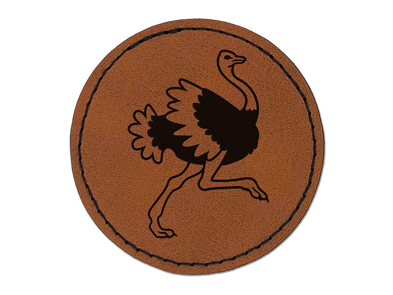 Ostrich Running Round Iron-On Engraved Faux Leather Patch Applique - 2.5"
