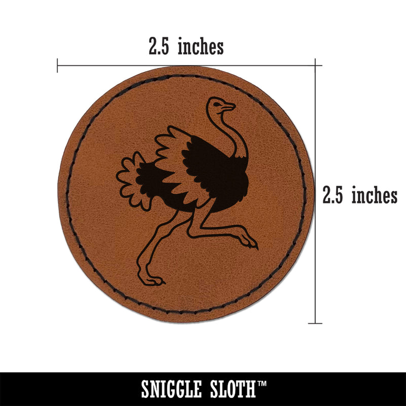 Ostrich Running Round Iron-On Engraved Faux Leather Patch Applique - 2.5"