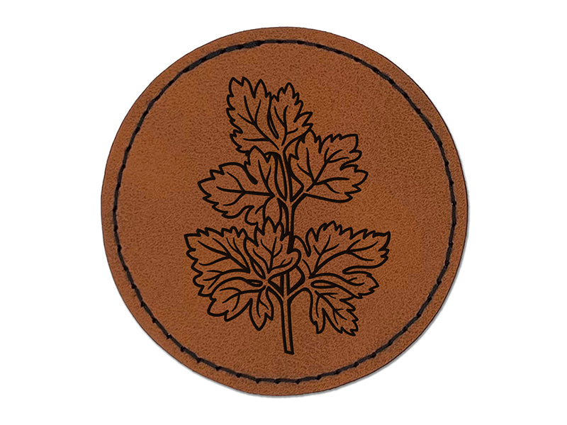 Parsley Herb Plant Round Iron-On Engraved Faux Leather Patch Applique - 2.5"