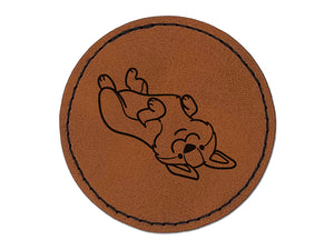 Pembroke Welsh Corgi Laying on Back Dog Round Iron-On Engraved Faux Leather Patch Applique - 2.5"