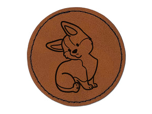 Pembroke Welsh Corgi Sitting Dog Round Iron-On Engraved Faux Leather Patch Applique - 2.5"