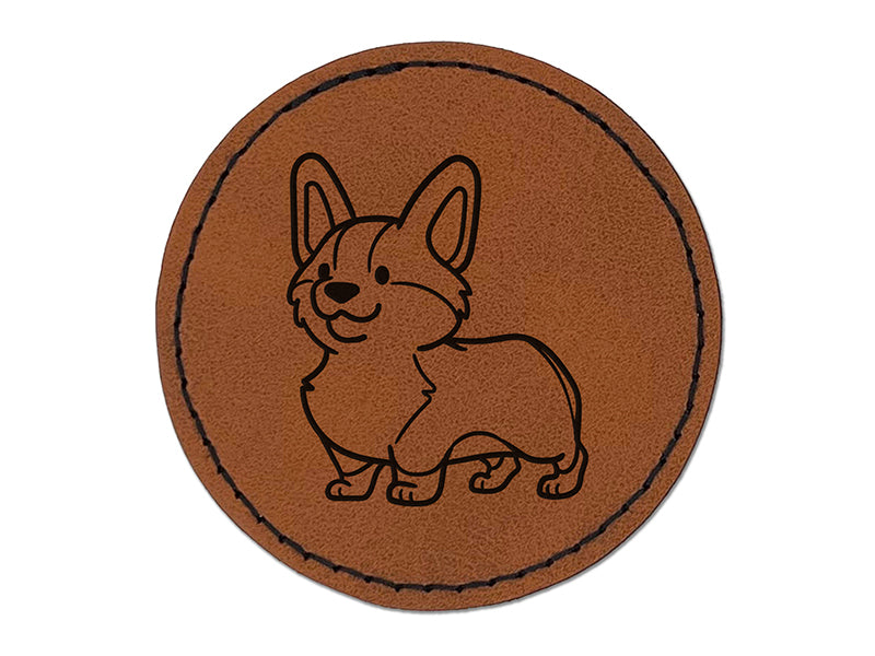 Pembroke Welsh Corgi Standing Dog Round Iron-On Engraved Faux Leather Patch Applique - 2.5"