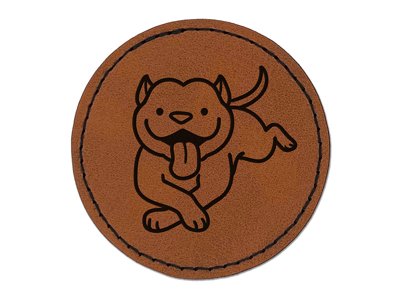 Pit Bull Happy Laying Down Dog Round Iron-On Engraved Faux Leather Patch Applique - 2.5"