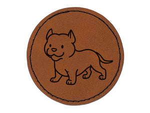 Pit Bull Standing Dog Round Iron-On Engraved Faux Leather Patch Applique - 2.5"