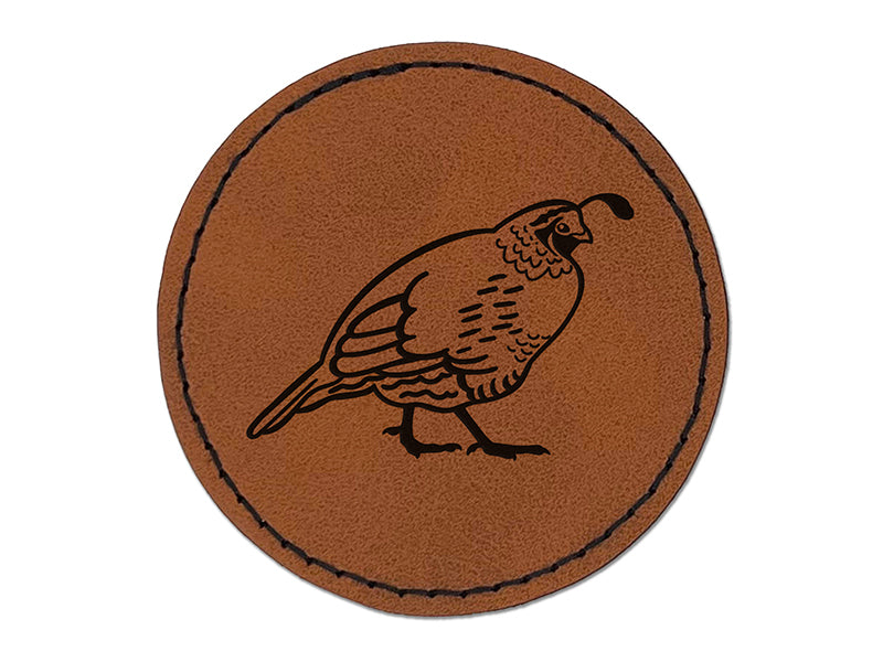 Plump California Quail Round Iron-On Engraved Faux Leather Patch Applique - 2.5"