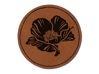 Pretty Poppy Flower Round Iron-On Engraved Faux Leather Patch Applique - 2.5"