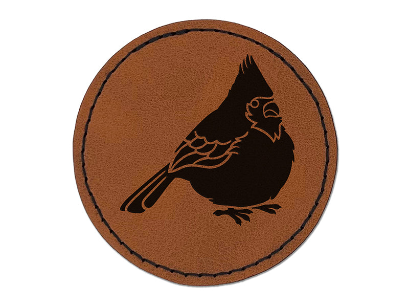 Puffy Cardinal Bird Round Iron-On Engraved Faux Leather Patch Applique - 2.5"