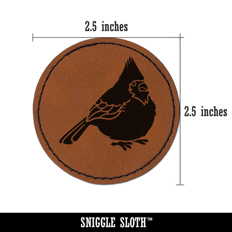 Puffy Cardinal Bird Round Iron-On Engraved Faux Leather Patch Applique - 2.5"