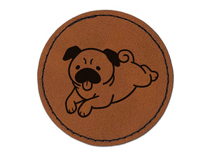 Pug Laying Down Dog Round Iron-On Engraved Faux Leather Patch Applique - 2.5"