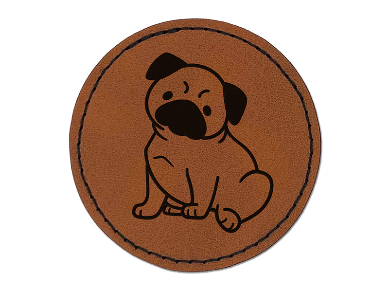 Pug Sitting Dog Round Iron-On Engraved Faux Leather Patch Applique - 2.5"