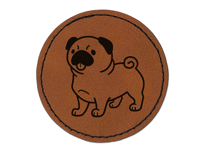 Pug Standing with Tongue Out Dog Round Iron-On Engraved Faux Leather Patch Applique - 2.5"