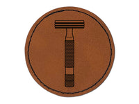 Razor Shaving Blade Round Iron-On Engraved Faux Leather Patch Applique - 2.5"