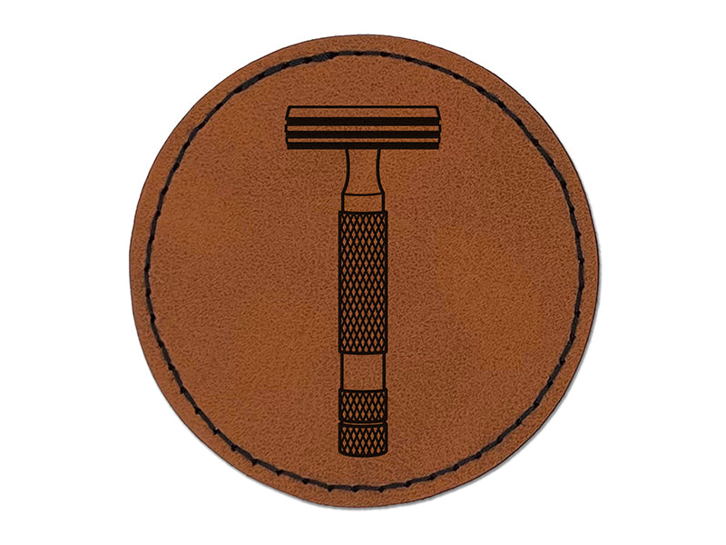 Razor Shaving Blade Round Iron-On Engraved Faux Leather Patch Applique - 2.5"