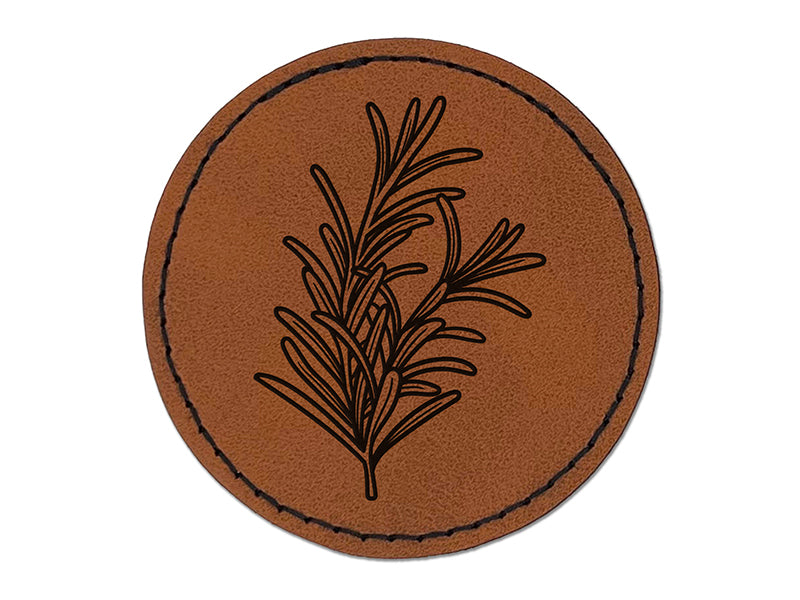 Rosemary Herb Plant Round Iron-On Engraved Faux Leather Patch Applique - 2.5"