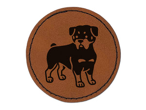 Rottweiler Rottie Standing Dog Round Iron-On Engraved Faux Leather Patch Applique - 2.5"