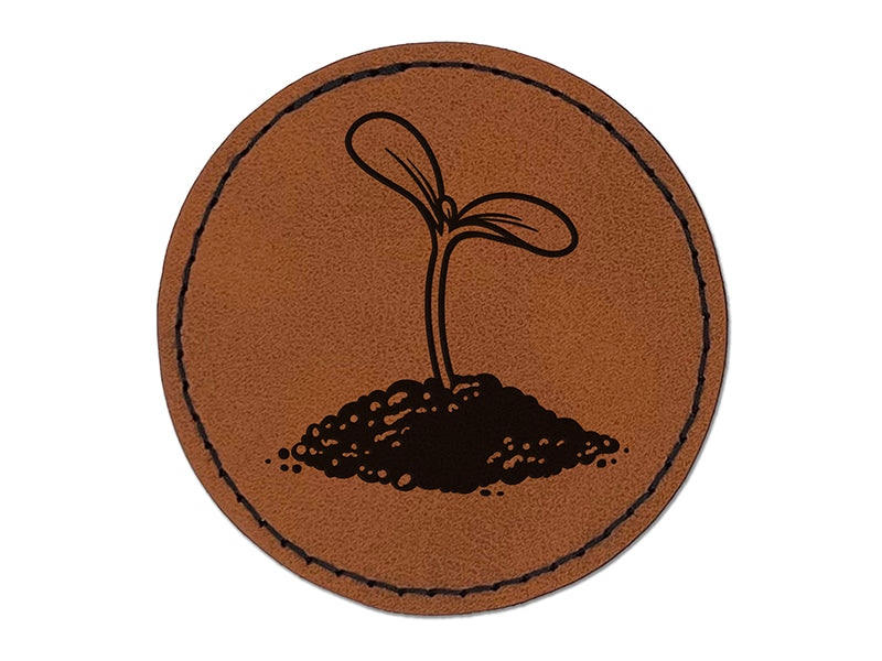 Seed Sprouting from Dirt Round Iron-On Engraved Faux Leather Patch Applique - 2.5"
