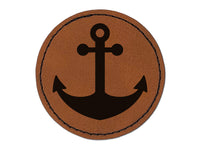 Ship Anchor Nautical Round Iron-On Engraved Faux Leather Patch Applique - 2.5"