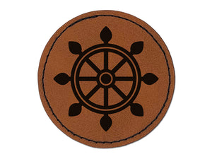 Ship Boat Wheel Nautical Round Iron-On Engraved Faux Leather Patch Applique - 2.5"